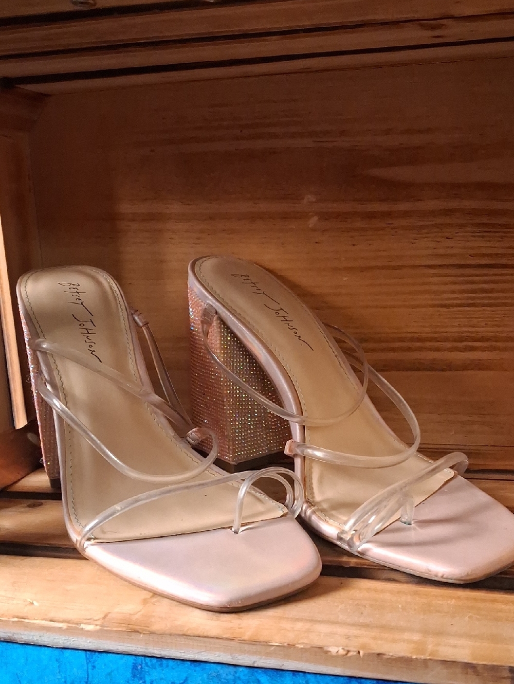 Betsey Johnson Pink Iridescent Block 5" Heel Sandals with Clear Straps, 9.5